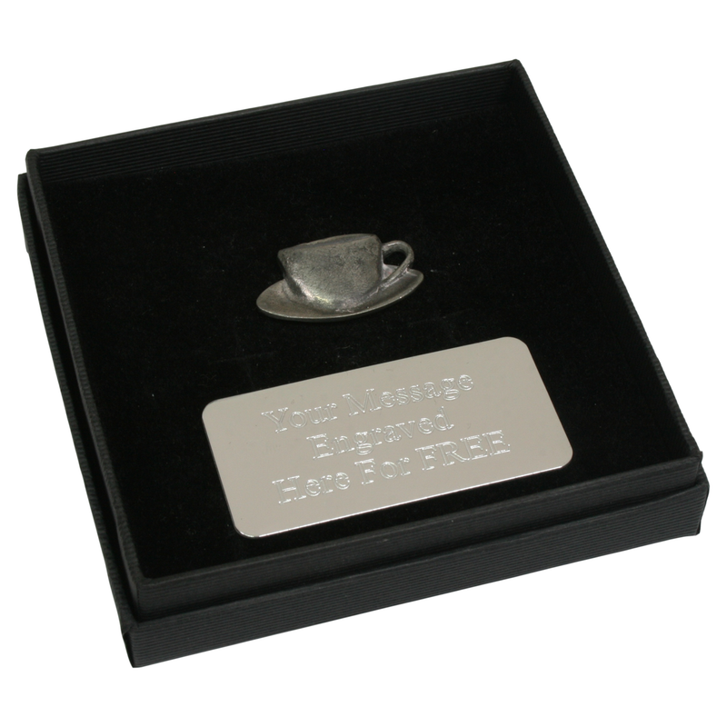 Teacup Pewter Pin Badge With Cufflinks & Tie Slide Option