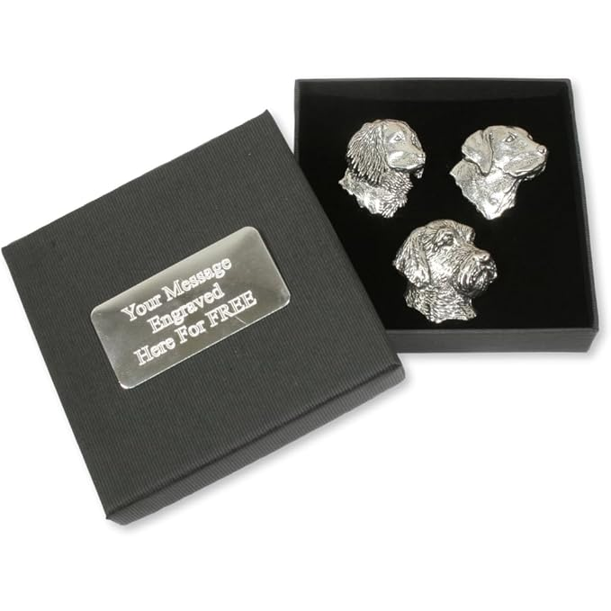 Gundogs Set of 3 English Pewter Pin Badges In Personalised Gift Box
