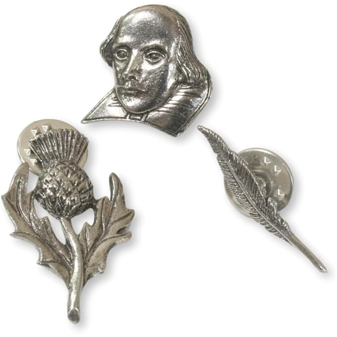 Shakespeare Set of 3 English Pewter Pin Badges In Personalised Gift Box