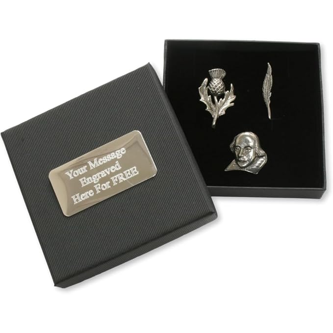 Shakespeare Set of 3 English Pewter Pin Badges In Personalised Gift Box