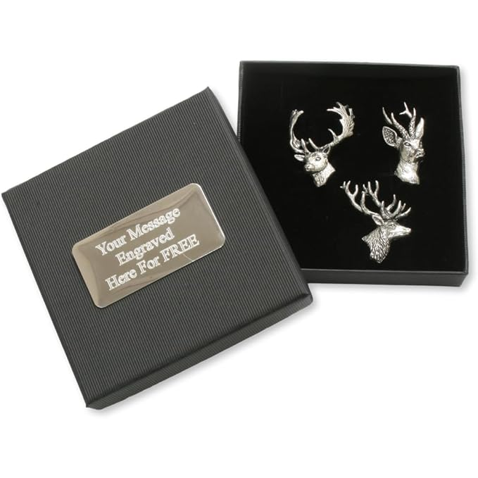 Pewter Stag 3 Pin Badge Set In Personalised Gift Box