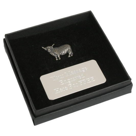 Highland Cow English Pewter Pin Badge, Tie Slide & Cufflinks